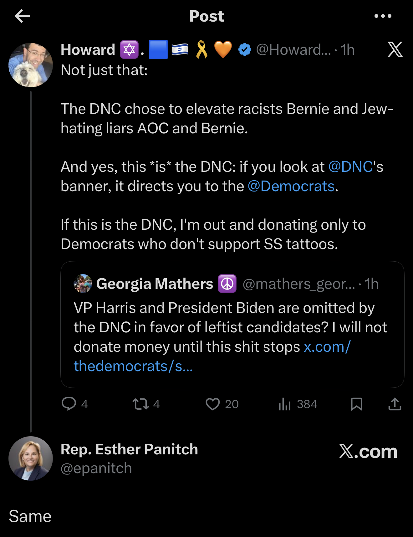 Panitch agreeing with a post attacking Bernie Sanders and Alexandria Ocasio-Cortez.