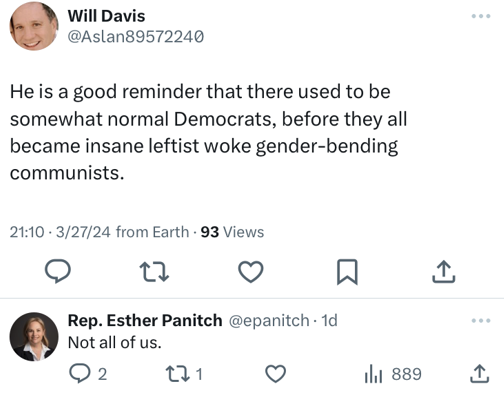 Panitch replying 'Not all of us' to a tweet attacking Democrats as gender-bending communists.