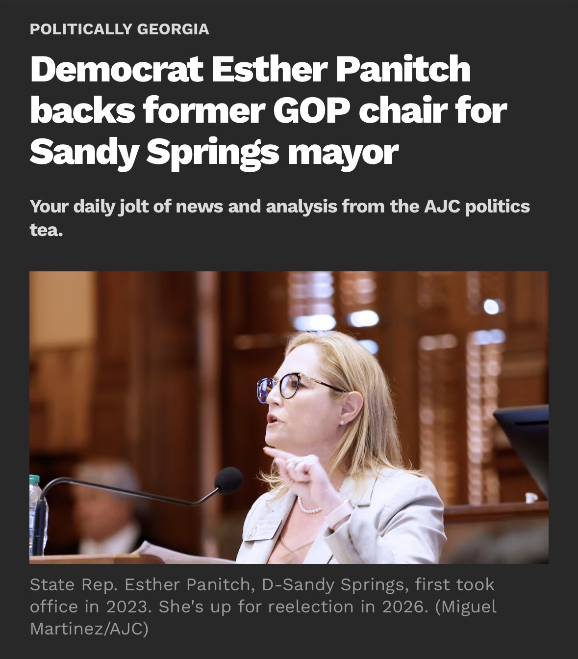 Headline screenshot showing Esther Panitch backing former GOP chair Rusty Paul for Sandy Springs mayor.