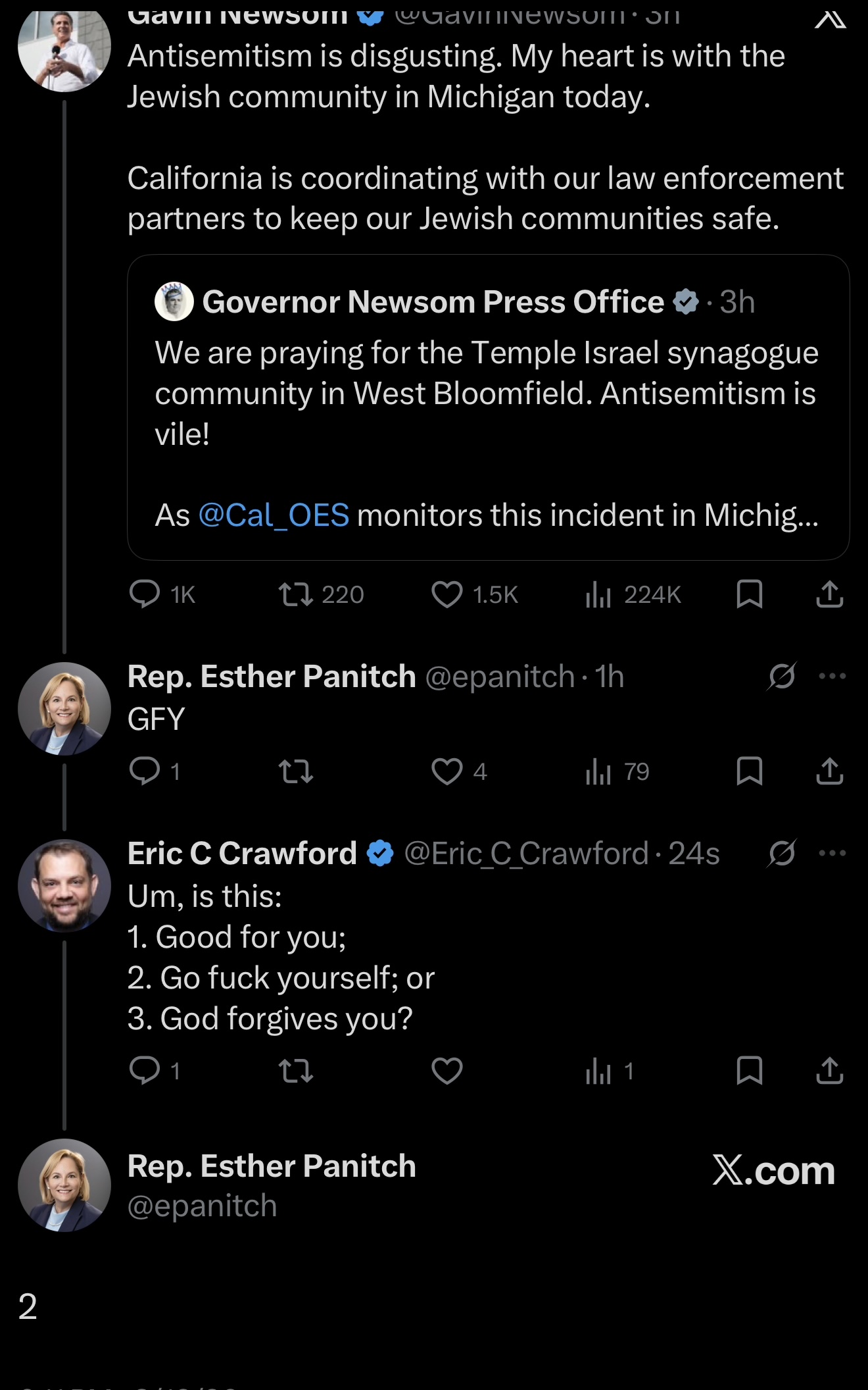 Screenshot clarifying Panitch's GFY reply and showing reactions underneath it.