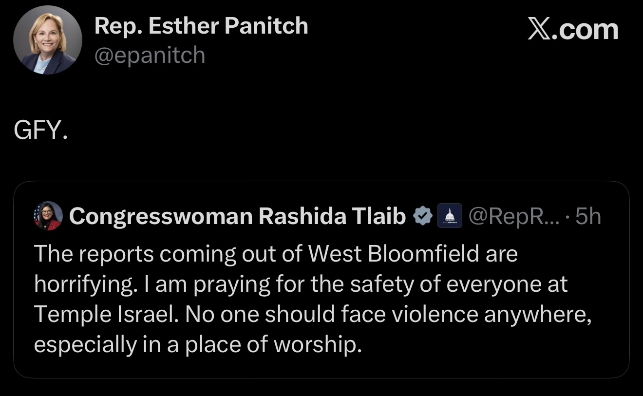 Panitch posting 'GFY' in reply to Rashida Tlaib's statement condemning violence at a synagogue.