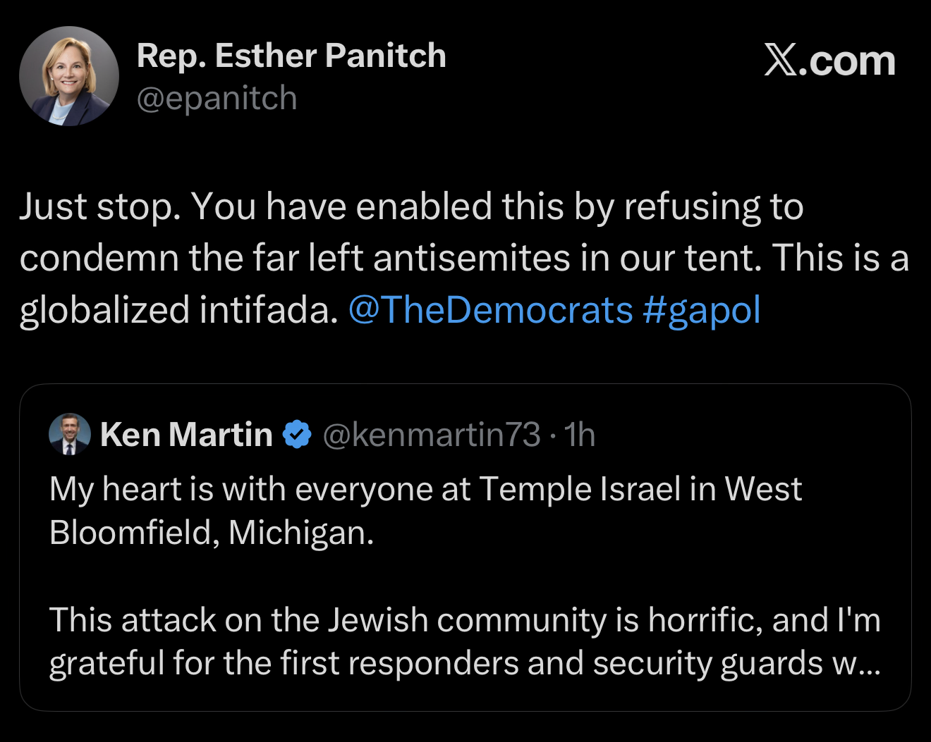 Panitch blaming Democrats for enabling far-left antisemitism and globalized intifada.