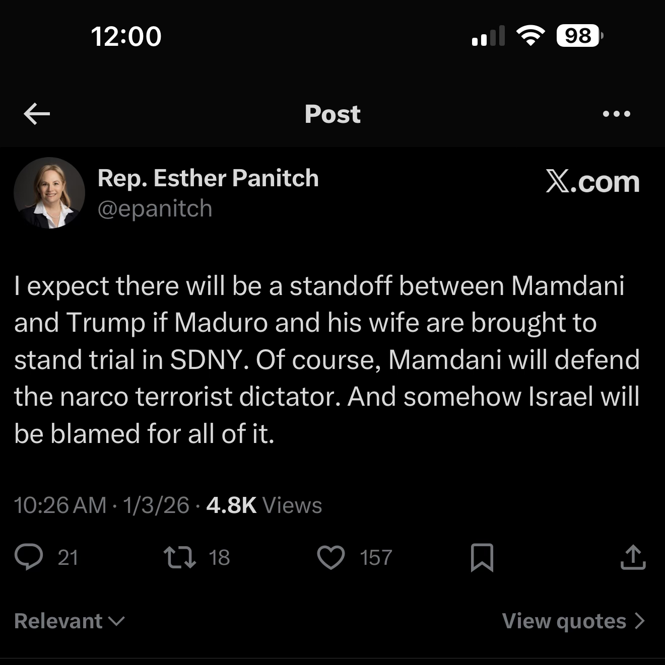 Panitch posting about Mamdani, Trump, Maduro, and Israel.