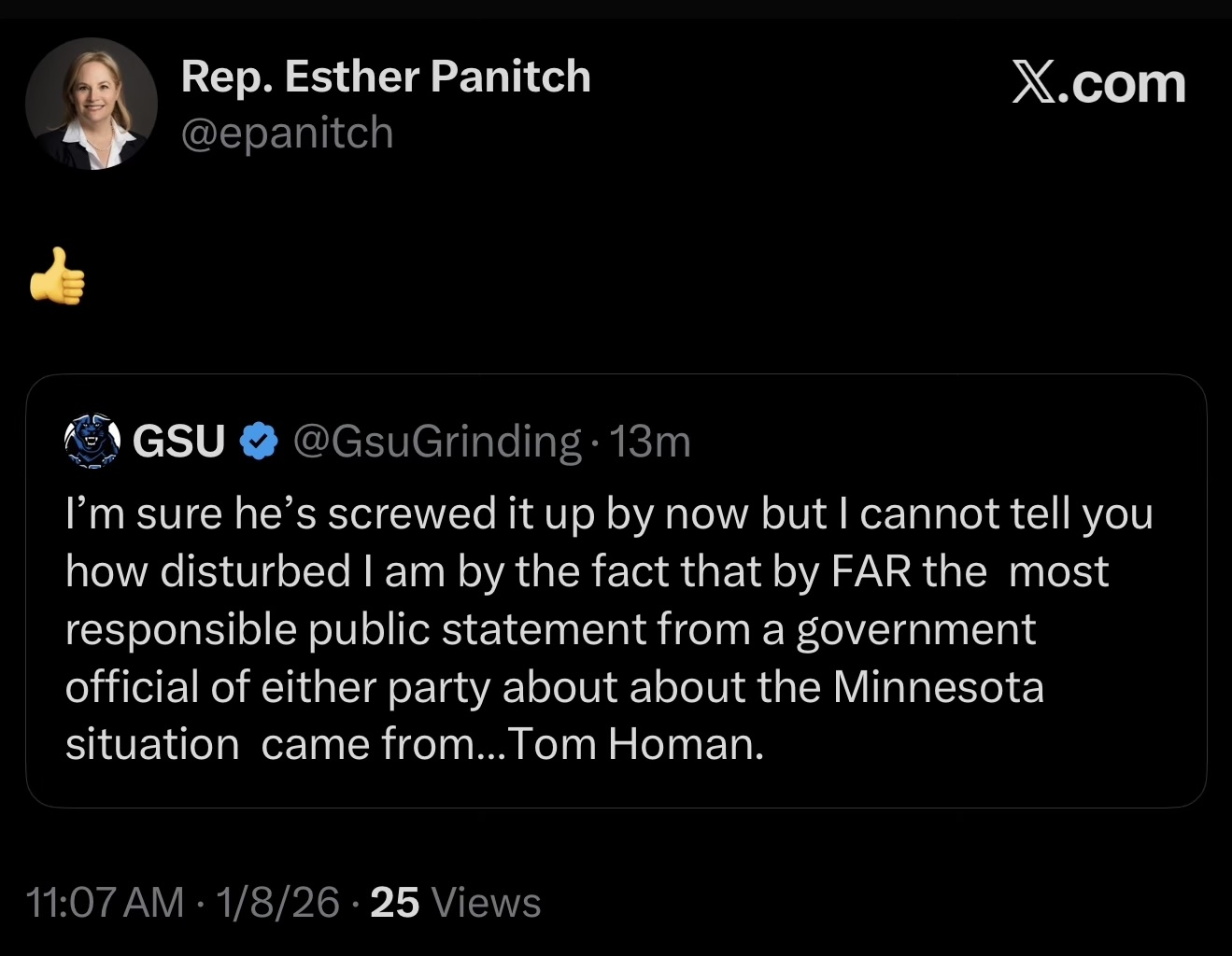 Panitch giving a thumbs up to a post praising Tom Homan as the most responsible public voice on the Minnesota situation.