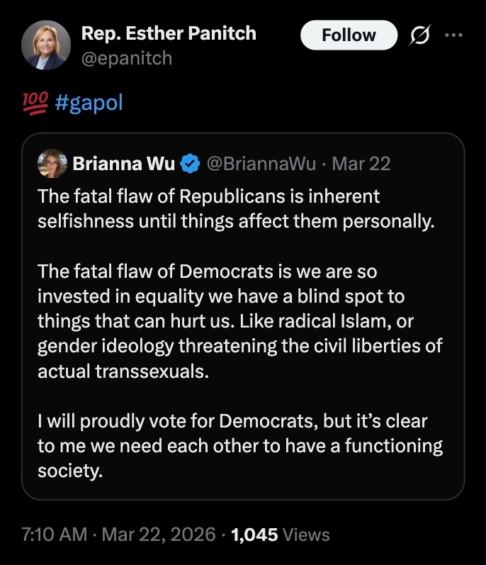 Panitch amplifying a post about radical Islam and gender ideology.