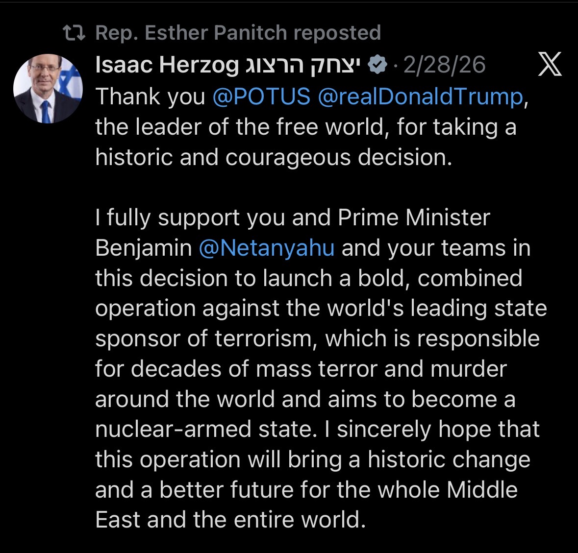 Panitch reposting a message thanking Donald Trump and expressing full support for the operation against Iran.